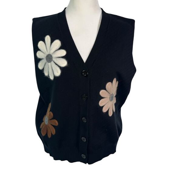 Sioni Button Front Sweater Vest Black Felted Flowers Daisys Size Med Stretchy - Picture 1 of 11